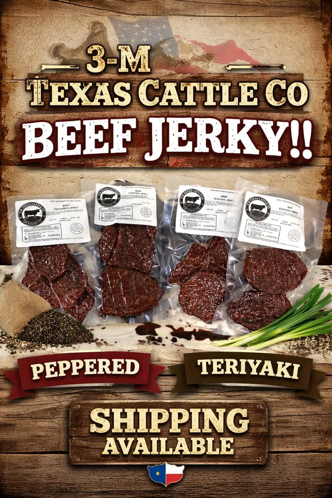3-M Texas Cattle Co. beef jerky banner showing Peppered and Teriyaki flavors, shipping available